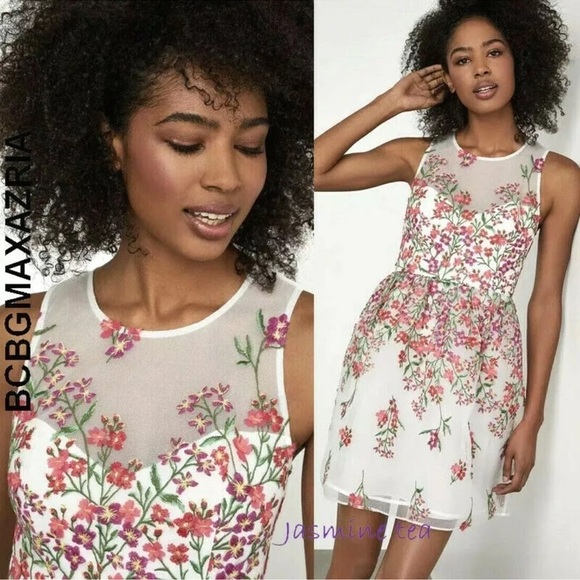 BCBG MaxAzria Gardenia Embroidered Tule Sleeveless Round Neck Dress Size 4 - Picture 1 of 9